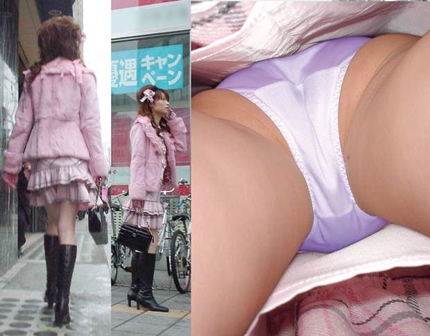 【逆さ撮り】紫パンティを穿いた素人娘のスカート内を接写撮りw 20枚